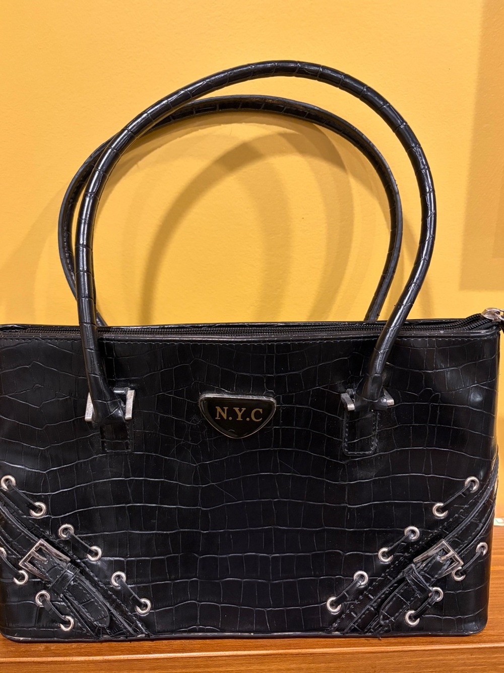 Black Croc-Embossed Tote with Lace-Up Eyelet Detail